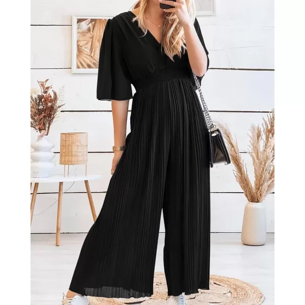 imageBTFBM Women Chiffon Wrap V Neck Summer Jumpsuit Spring Mesh Half Sleeve Elastic Waist Pleated Wide Leg Long Pants RomperSolid Black