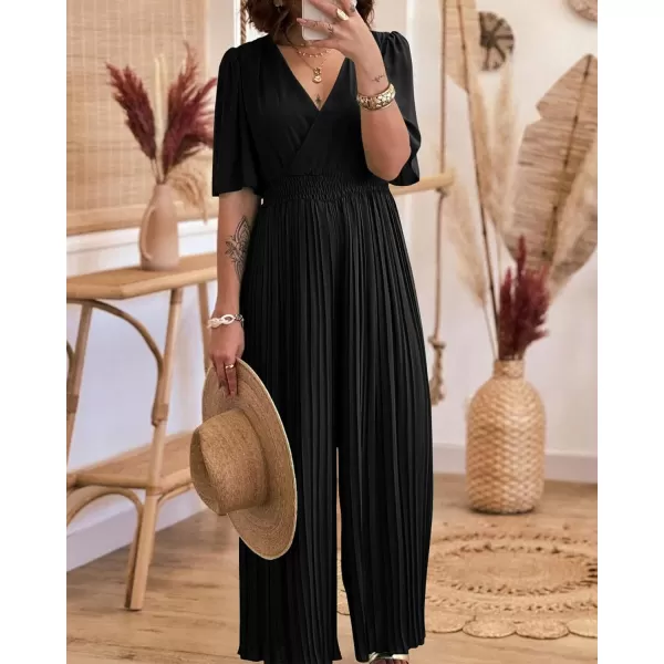 imageBTFBM Women Chiffon Wrap V Neck Summer Jumpsuit Spring Mesh Half Sleeve Elastic Waist Pleated Wide Leg Long Pants RomperSolid Black
