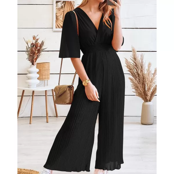 imageBTFBM Women Chiffon Wrap V Neck Summer Jumpsuit Spring Mesh Half Sleeve Elastic Waist Pleated Wide Leg Long Pants RomperSolid Black