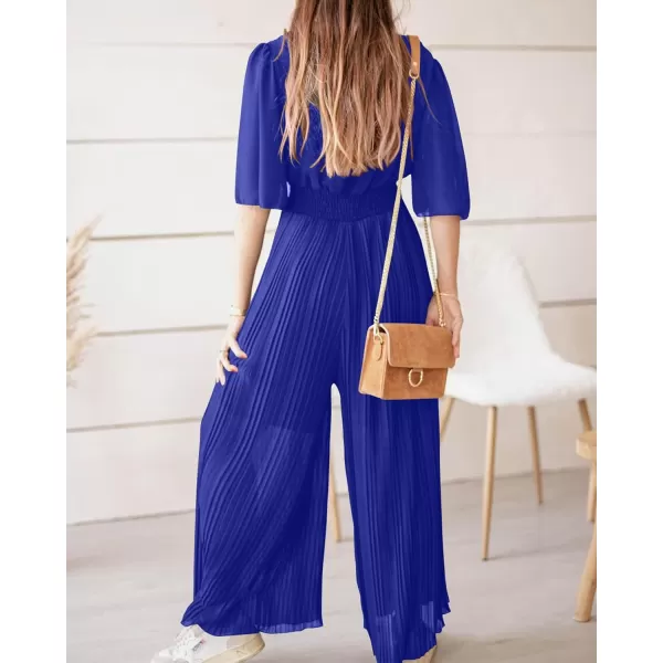 imageBTFBM Women Chiffon Wrap V Neck Summer Jumpsuit Spring Mesh Half Sleeve Elastic Waist Pleated Wide Leg Long Pants RomperSolid Bright Blue