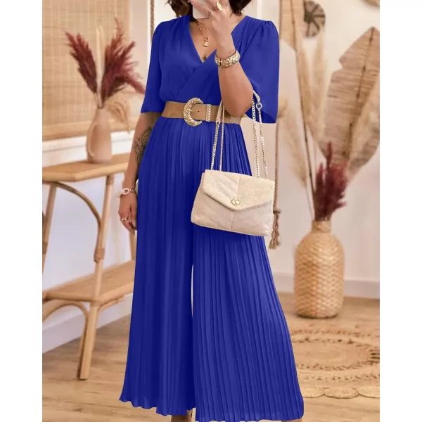 imageBTFBM Women Chiffon Wrap V Neck Summer Jumpsuit Spring Mesh Half Sleeve Elastic Waist Pleated Wide Leg Long Pants RomperSolid Bright Blue