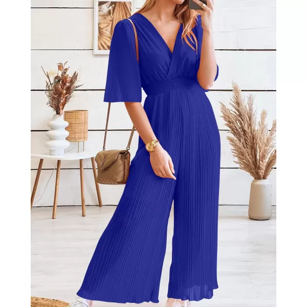 imageBTFBM Women Chiffon Wrap V Neck Summer Jumpsuit Spring Mesh Half Sleeve Elastic Waist Pleated Wide Leg Long Pants RomperSolid Bright Blue