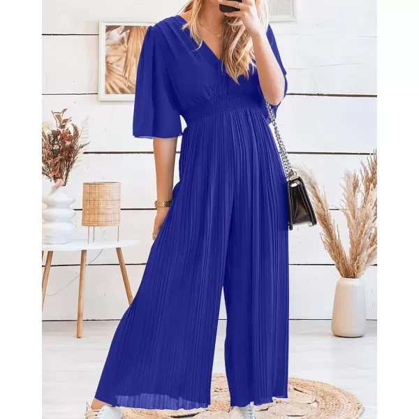 imageBTFBM Women Chiffon Wrap V Neck Summer Jumpsuit Spring Mesh Half Sleeve Elastic Waist Pleated Wide Leg Long Pants RomperSolid Bright Blue
