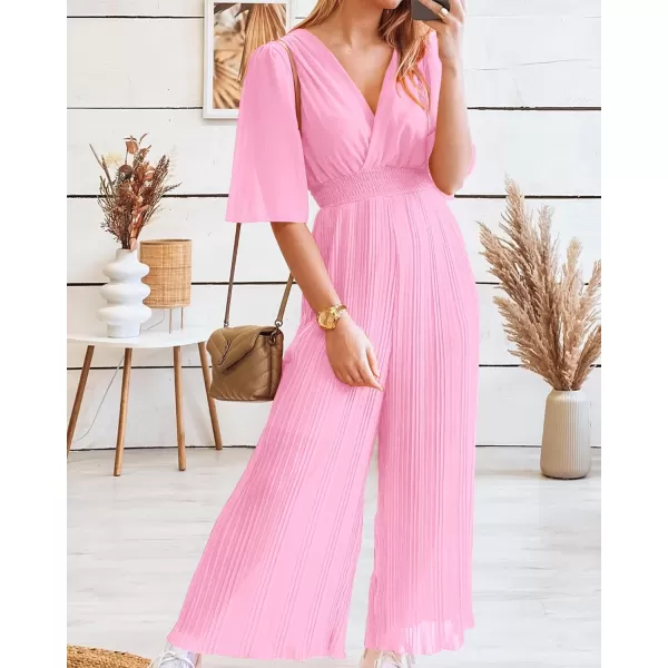 imageBTFBM Women Chiffon Wrap V Neck Summer Jumpsuit Spring Mesh Half Sleeve Elastic Waist Pleated Wide Leg Long Pants RomperSolid Light Pink