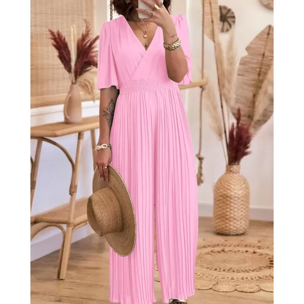 imageBTFBM Women Chiffon Wrap V Neck Summer Jumpsuit Spring Mesh Half Sleeve Elastic Waist Pleated Wide Leg Long Pants RomperSolid Light Pink