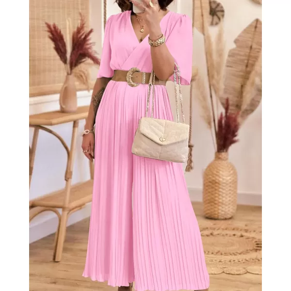 imageBTFBM Women Chiffon Wrap V Neck Summer Jumpsuit Spring Mesh Half Sleeve Elastic Waist Pleated Wide Leg Long Pants RomperSolid Light Pink