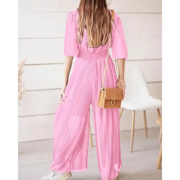 imageBTFBM Women Chiffon Wrap V Neck Summer Jumpsuit Spring Mesh Half Sleeve Elastic Waist Pleated Wide Leg Long Pants RomperSolid Light Pink