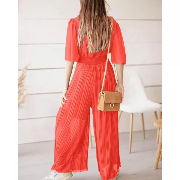 imageBTFBM Women Chiffon Wrap V Neck Summer Jumpsuit Spring Mesh Half Sleeve Elastic Waist Pleated Wide Leg Long Pants RomperSolid Orange