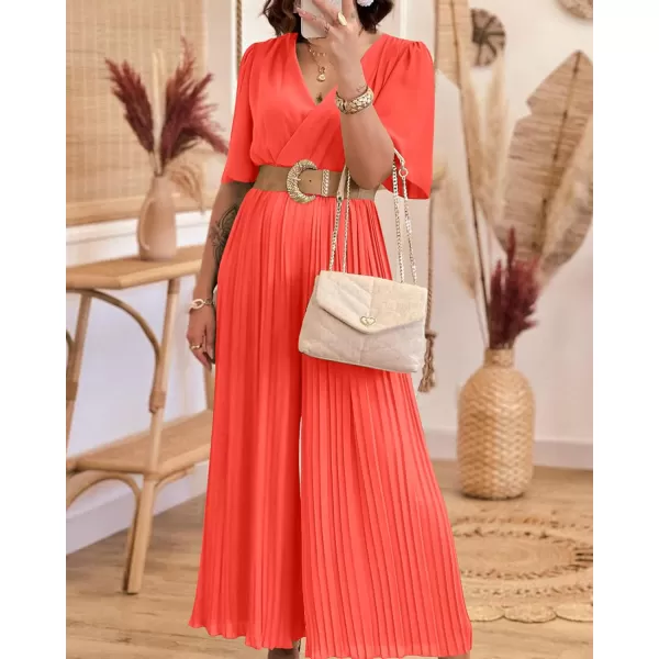 imageBTFBM Women Chiffon Wrap V Neck Summer Jumpsuit Spring Mesh Half Sleeve Elastic Waist Pleated Wide Leg Long Pants RomperSolid Orange