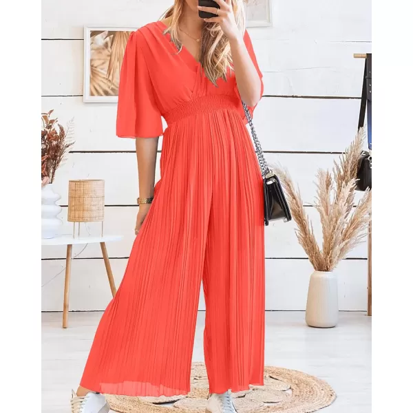 imageBTFBM Women Chiffon Wrap V Neck Summer Jumpsuit Spring Mesh Half Sleeve Elastic Waist Pleated Wide Leg Long Pants RomperSolid Orange