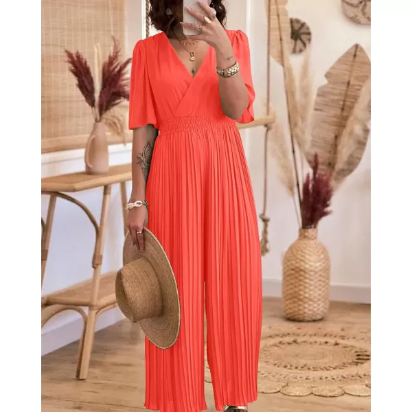 imageBTFBM Women Chiffon Wrap V Neck Summer Jumpsuit Spring Mesh Half Sleeve Elastic Waist Pleated Wide Leg Long Pants RomperSolid Orange