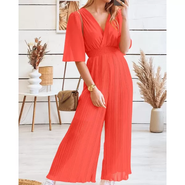 imageBTFBM Women Chiffon Wrap V Neck Summer Jumpsuit Spring Mesh Half Sleeve Elastic Waist Pleated Wide Leg Long Pants RomperSolid Orange