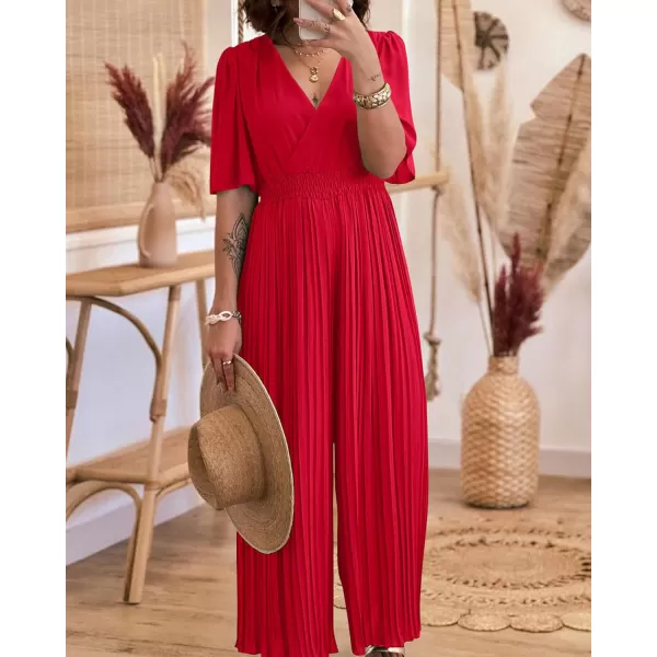 imageBTFBM Women Chiffon Wrap V Neck Summer Jumpsuit Spring Mesh Half Sleeve Elastic Waist Pleated Wide Leg Long Pants RomperSolid Red