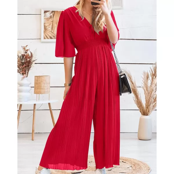 imageBTFBM Women Chiffon Wrap V Neck Summer Jumpsuit Spring Mesh Half Sleeve Elastic Waist Pleated Wide Leg Long Pants RomperSolid Red