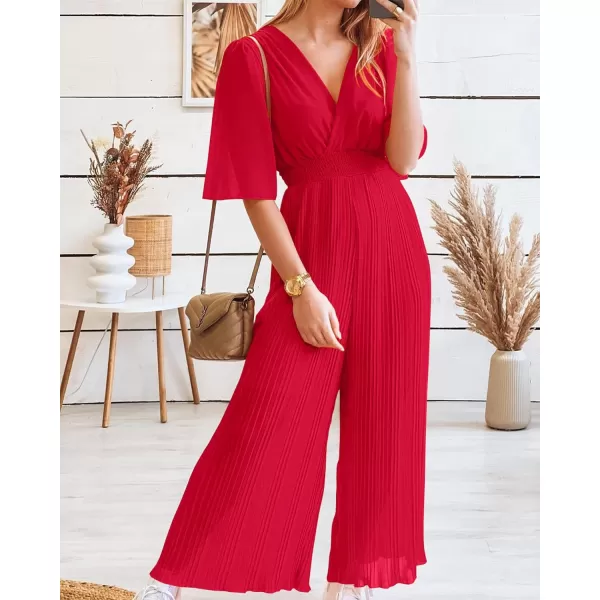 imageBTFBM Women Chiffon Wrap V Neck Summer Jumpsuit Spring Mesh Half Sleeve Elastic Waist Pleated Wide Leg Long Pants RomperSolid Red