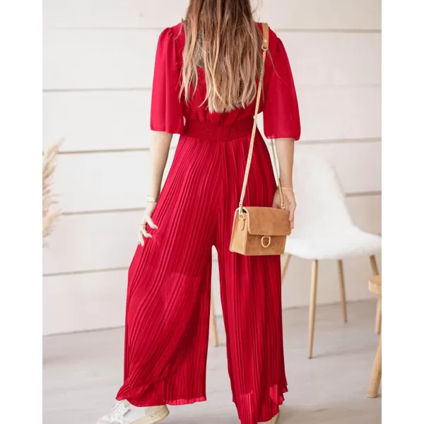 imageBTFBM Women Chiffon Wrap V Neck Summer Jumpsuit Spring Mesh Half Sleeve Elastic Waist Pleated Wide Leg Long Pants RomperSolid Red