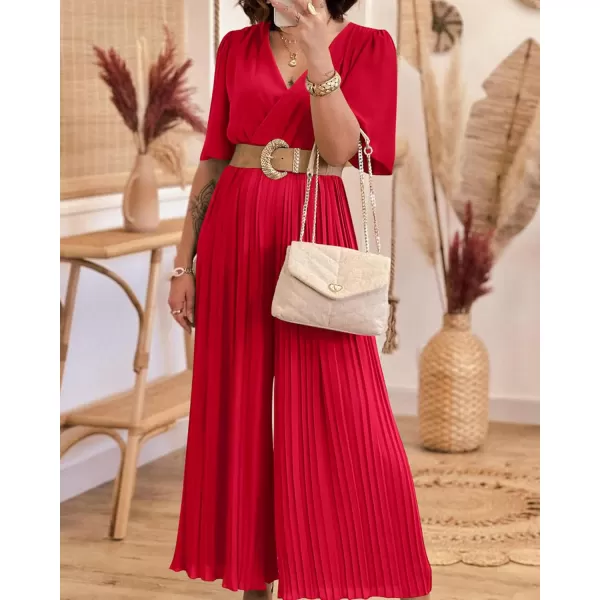 imageBTFBM Women Chiffon Wrap V Neck Summer Jumpsuit Spring Mesh Half Sleeve Elastic Waist Pleated Wide Leg Long Pants RomperSolid Red