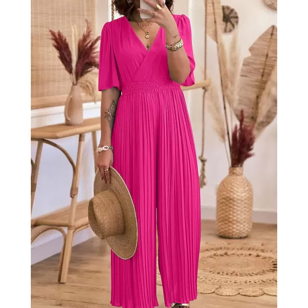 imageBTFBM Women Chiffon Wrap V Neck Summer Jumpsuit Spring Mesh Half Sleeve Elastic Waist Pleated Wide Leg Long Pants RomperSolid Rose Red