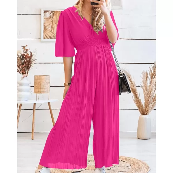 imageBTFBM Women Chiffon Wrap V Neck Summer Jumpsuit Spring Mesh Half Sleeve Elastic Waist Pleated Wide Leg Long Pants RomperSolid Rose Red