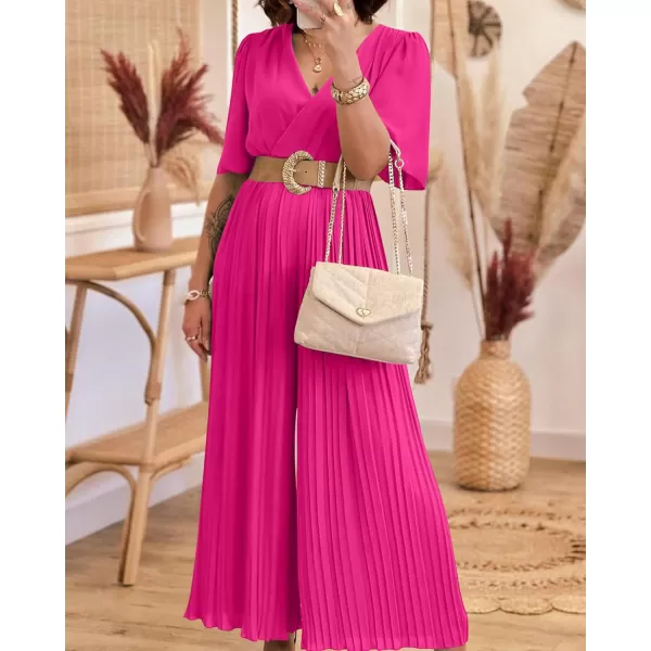 imageBTFBM Women Chiffon Wrap V Neck Summer Jumpsuit Spring Mesh Half Sleeve Elastic Waist Pleated Wide Leg Long Pants RomperSolid Rose Red