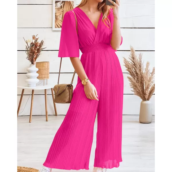 imageBTFBM Women Chiffon Wrap V Neck Summer Jumpsuit Spring Mesh Half Sleeve Elastic Waist Pleated Wide Leg Long Pants RomperSolid Rose Red