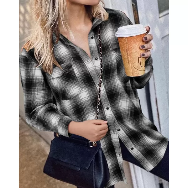 imageBTFBM Women Corduroy Shacket Jacket 2023 Long Sleeve Button Down Casual Plaid Flannel Shirts Boyfriend Fall Blouses TopsPlaid Black