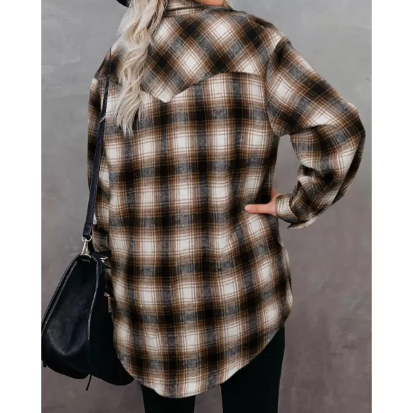 imageBTFBM Women Corduroy Shacket Jacket 2023 Long Sleeve Button Down Casual Plaid Flannel Shirts Boyfriend Fall Blouses TopsPlaid Brown