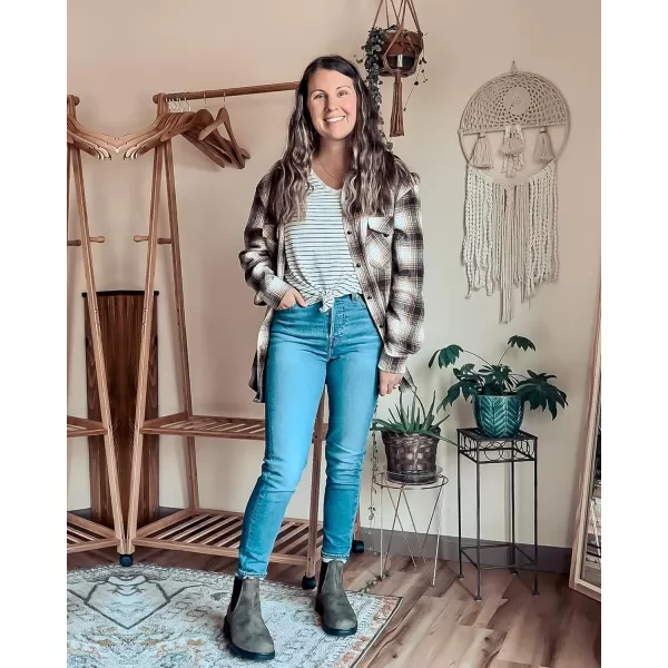 imageBTFBM Women Corduroy Shacket Jacket 2023 Long Sleeve Button Down Casual Plaid Flannel Shirts Boyfriend Fall Blouses TopsPlaid Brown