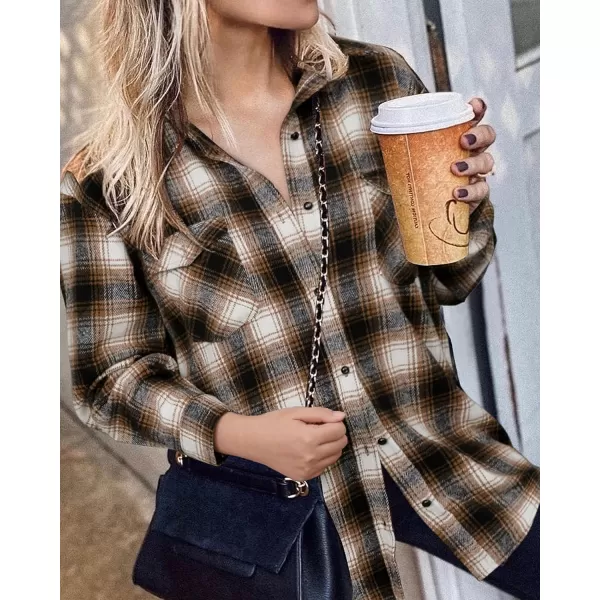 imageBTFBM Women Corduroy Shacket Jacket 2023 Long Sleeve Button Down Casual Plaid Flannel Shirts Boyfriend Fall Blouses TopsPlaid Brown