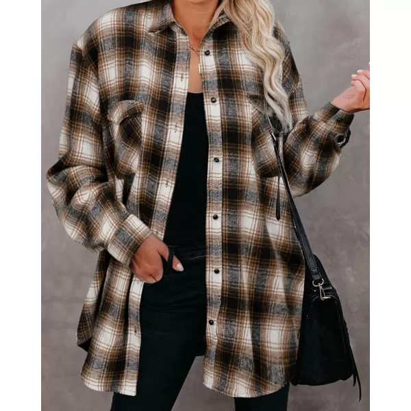 imageBTFBM Women Corduroy Shacket Jacket 2023 Long Sleeve Button Down Casual Plaid Flannel Shirts Boyfriend Fall Blouses TopsPlaid Brown