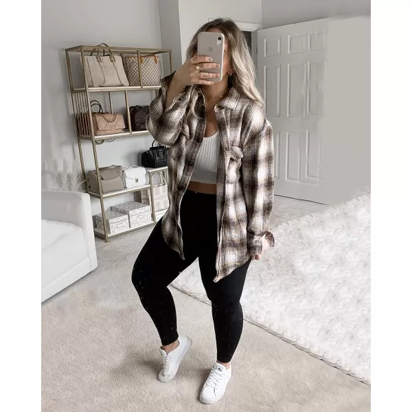 imageBTFBM Women Corduroy Shacket Jacket 2023 Long Sleeve Button Down Casual Plaid Flannel Shirts Boyfriend Fall Blouses TopsPlaid Brown