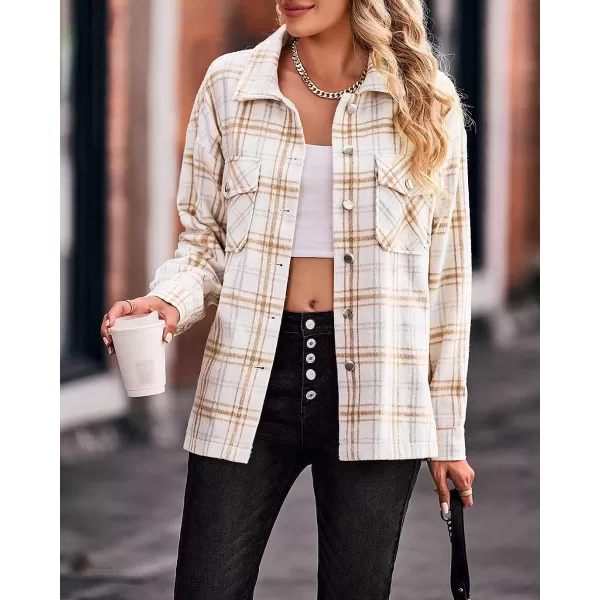 imageBTFBM Women Corduroy Shacket Jacket 2023 Long Sleeve Button Down Casual Plaid Flannel Shirts Boyfriend Fall Blouses TopsPlaid Print Apricot