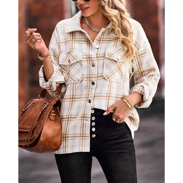 imageBTFBM Women Corduroy Shacket Jacket 2023 Long Sleeve Button Down Casual Plaid Flannel Shirts Boyfriend Fall Blouses TopsPlaid Print Apricot