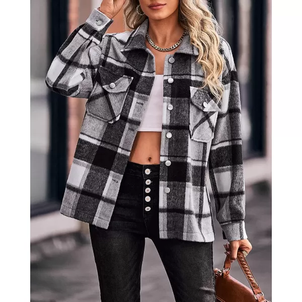 imageBTFBM Women Corduroy Shacket Jacket 2023 Long Sleeve Button Down Casual Plaid Flannel Shirts Boyfriend Fall Blouses TopsPlaid Print Black White