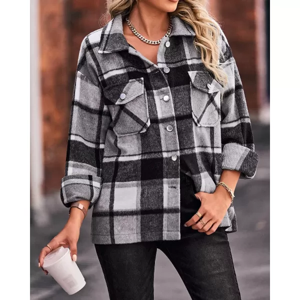 imageBTFBM Women Corduroy Shacket Jacket 2023 Long Sleeve Button Down Casual Plaid Flannel Shirts Boyfriend Fall Blouses TopsPlaid Print Black White