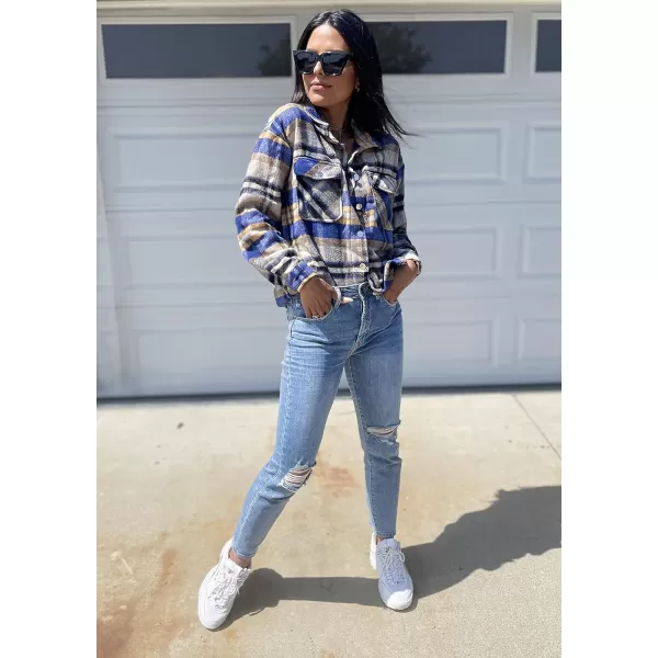 imageBTFBM Women Corduroy Shacket Jacket 2023 Long Sleeve Button Down Casual Plaid Flannel Shirts Boyfriend Fall Blouses TopsPlaid Print Bright Blue