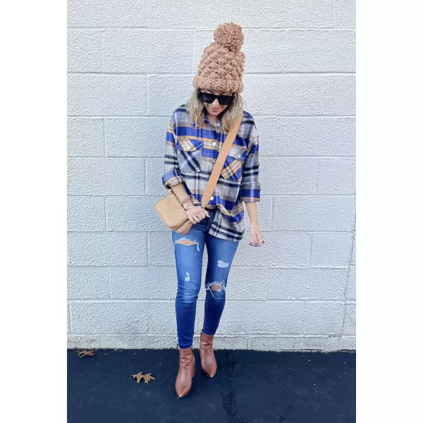 imageBTFBM Women Corduroy Shacket Jacket 2023 Long Sleeve Button Down Casual Plaid Flannel Shirts Boyfriend Fall Blouses TopsPlaid Print Bright Blue