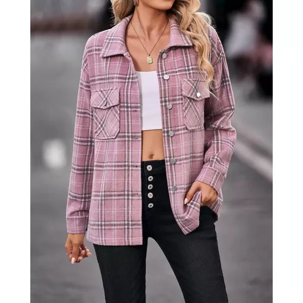 imageBTFBM Women Corduroy Shacket Jacket 2023 Long Sleeve Button Down Casual Plaid Flannel Shirts Boyfriend Fall Blouses TopsPlaid Print Dark Pink