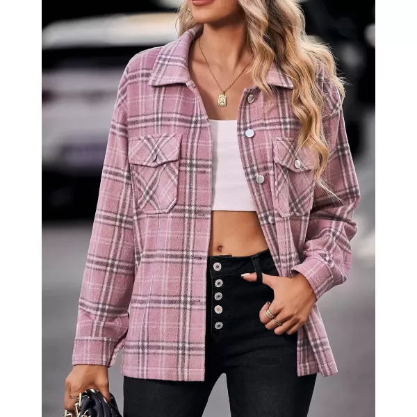 imageBTFBM Women Corduroy Shacket Jacket 2023 Long Sleeve Button Down Casual Plaid Flannel Shirts Boyfriend Fall Blouses TopsPlaid Print Dark Pink