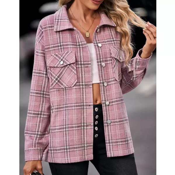 imageBTFBM Women Corduroy Shacket Jacket 2023 Long Sleeve Button Down Casual Plaid Flannel Shirts Boyfriend Fall Blouses TopsPlaid Print Dark Pink