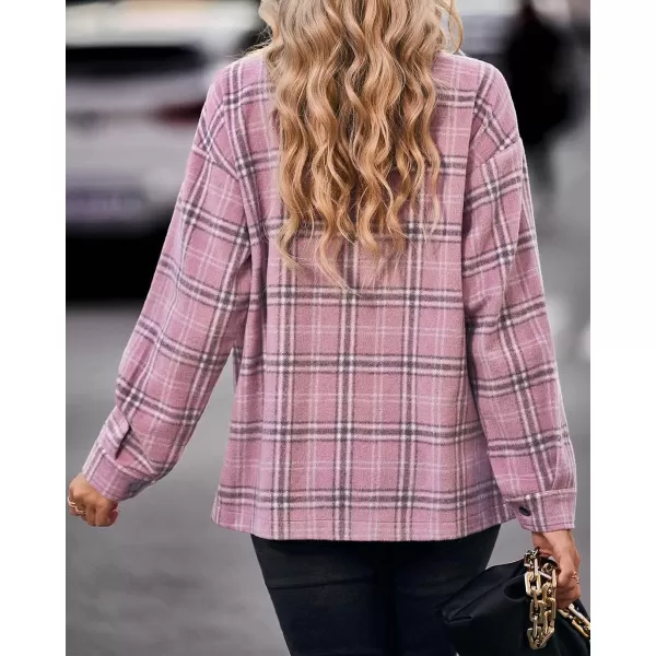imageBTFBM Women Corduroy Shacket Jacket 2023 Long Sleeve Button Down Casual Plaid Flannel Shirts Boyfriend Fall Blouses TopsPlaid Print Dark Pink