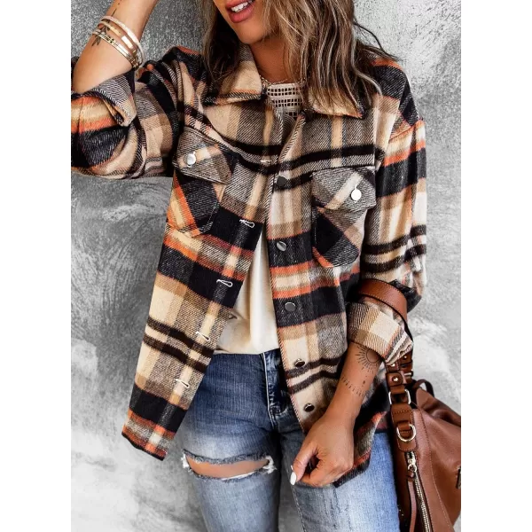 imageBTFBM Women Corduroy Shacket Jacket 2023 Long Sleeve Button Down Casual Plaid Flannel Shirts Boyfriend Fall Blouses TopsPlaid Print Orange