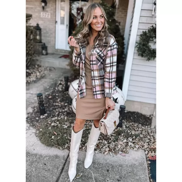imageBTFBM Women Corduroy Shacket Jacket 2023 Long Sleeve Button Down Casual Plaid Flannel Shirts Boyfriend Fall Blouses TopsPlaid Print Pink