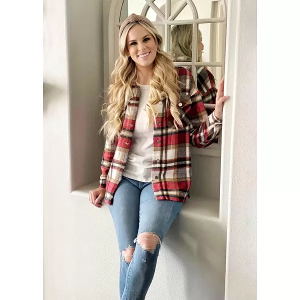 imageBTFBM Women Corduroy Shacket Jacket 2023 Long Sleeve Button Down Casual Plaid Flannel Shirts Boyfriend Fall Blouses TopsPlaid Print Red