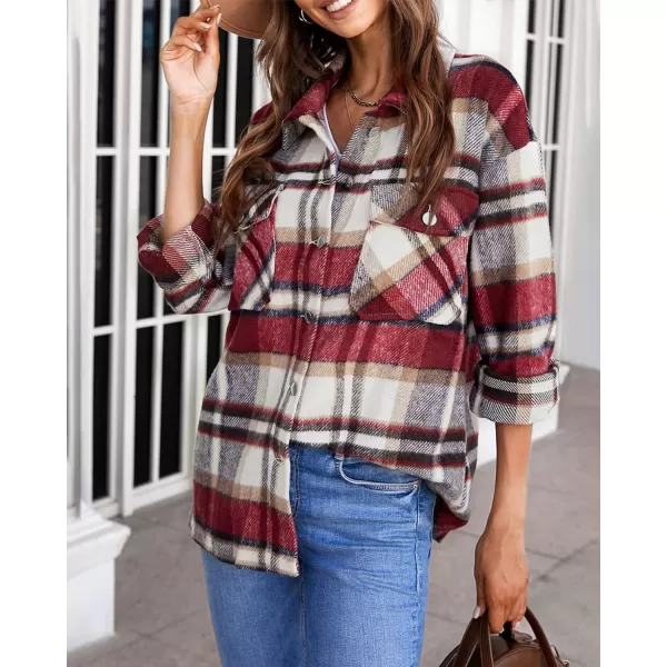 imageBTFBM Women Corduroy Shacket Jacket 2023 Long Sleeve Button Down Casual Plaid Flannel Shirts Boyfriend Fall Blouses TopsPlaid Print Red