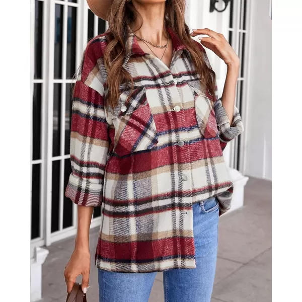 imageBTFBM Women Corduroy Shacket Jacket 2023 Long Sleeve Button Down Casual Plaid Flannel Shirts Boyfriend Fall Blouses TopsPlaid Print Red