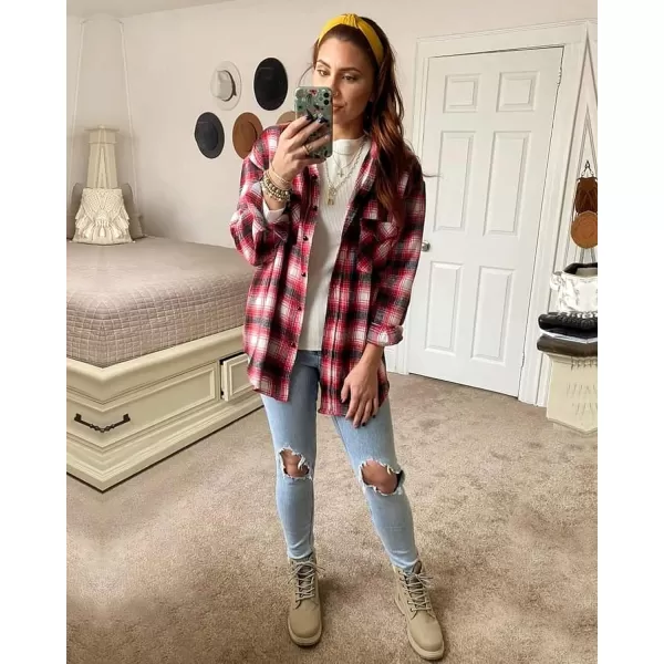 imageBTFBM Women Corduroy Shacket Jacket 2023 Long Sleeve Button Down Casual Plaid Flannel Shirts Boyfriend Fall Blouses TopsPlaid Red