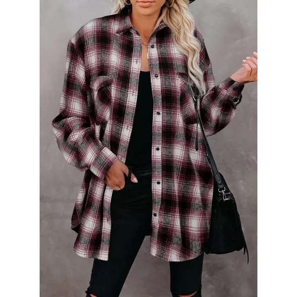 imageBTFBM Women Corduroy Shacket Jacket 2023 Long Sleeve Button Down Casual Plaid Flannel Shirts Boyfriend Fall Blouses TopsPlaid Wine Red