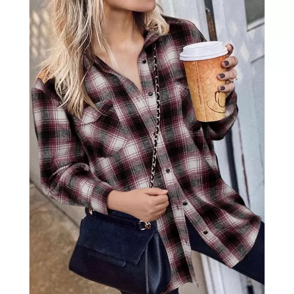 imageBTFBM Women Corduroy Shacket Jacket 2023 Long Sleeve Button Down Casual Plaid Flannel Shirts Boyfriend Fall Blouses TopsPlaid Wine Red