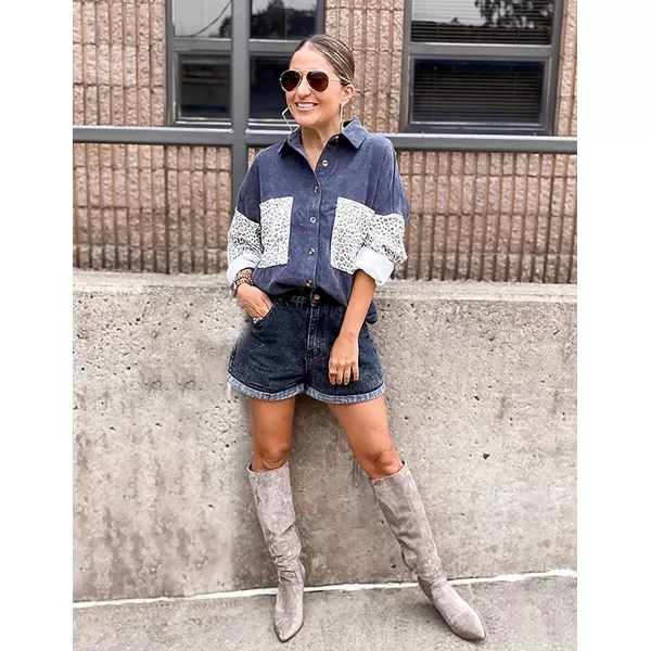imageBTFBM Women Corduroy Shacket Jacket 2023 Long Sleeve Button Down Casual Plaid Flannel Shirts Boyfriend Fall Blouses TopsTurndown Black
